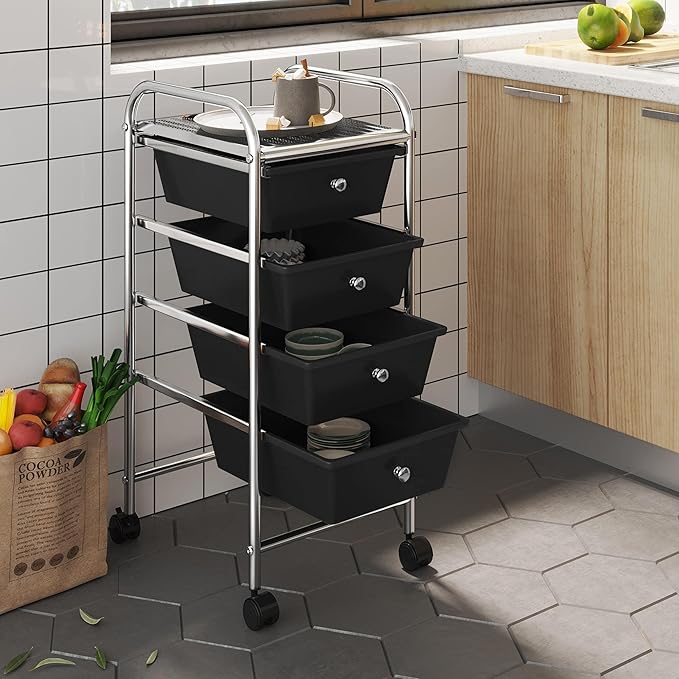 Yaheetech 4 Drawers Cart Rolling Storage Organizer Metal Frame Plastic Drawers Trolley Organizer on Wheels, Black