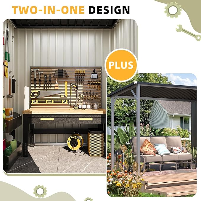 AECOJOY 8x4 FT Outdoor Storage Shed & Hardtop Gazebo Combo, 14x4FT Metal Lean to Shed with 6‘x4’ Open Pergola, 2-in-1 Tool Sheds & Outdoor Storage for Patio, Backyard, Garden