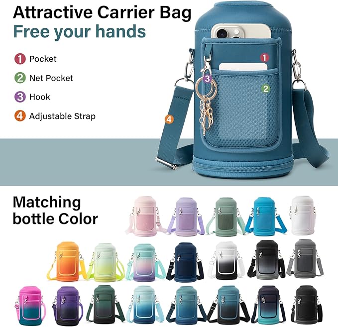 Insulated Water Bottle | Thickened Stainless Steel Vacuum Metal | Portable Sports Half Gallon Large Water Jug for Gym and Hiking with Straw, Carrier Bag, Handle Strap | BPA-Free 64 oz