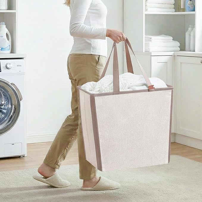 STORAGE MANIAC Collapsible Laundry Basket, 16.9 Gal. Large Pop-up Laundry Hamper with Long Carry Handles, Space-Saving Foldable Clothes Hamper with Bottom Elastic Band, Travel Laundry Bags, Oat Beige