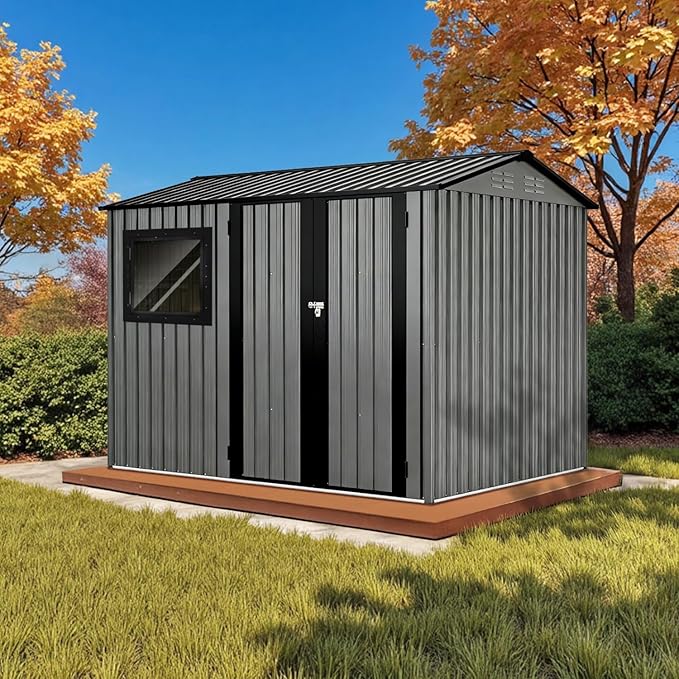 8' x 6' XL Outdoor Storage Shed, Sturdy Metal Building w/Floor and Operable Window for Garden, Backyard, Poolside and Lawn, Grey