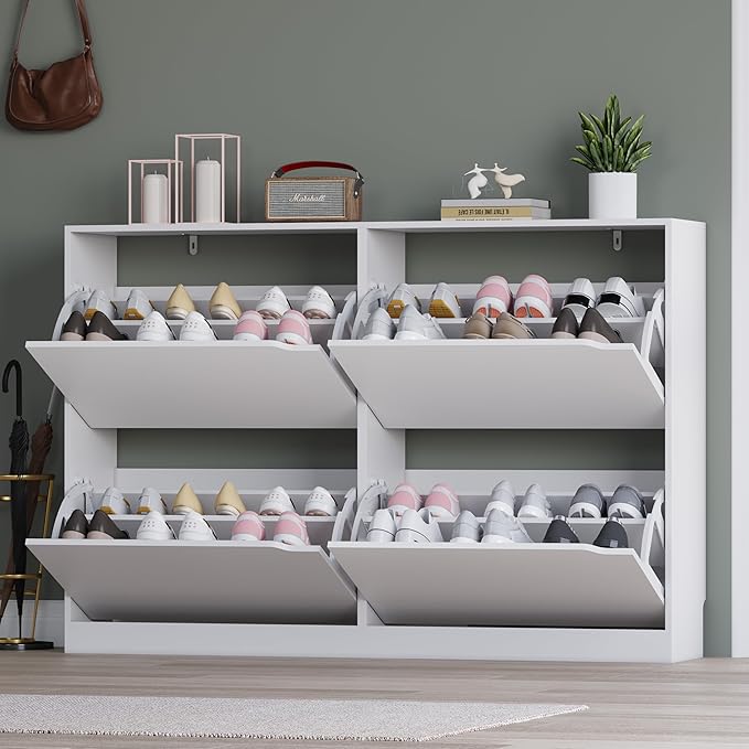 Shoe Cabinet with 4 Flip Drawers, Narrow Hidden Shoe Storage Cabinet, Slim Freestanding Shoe Rack Organizer for Entryway, Hallway, Bedroom, Living Room