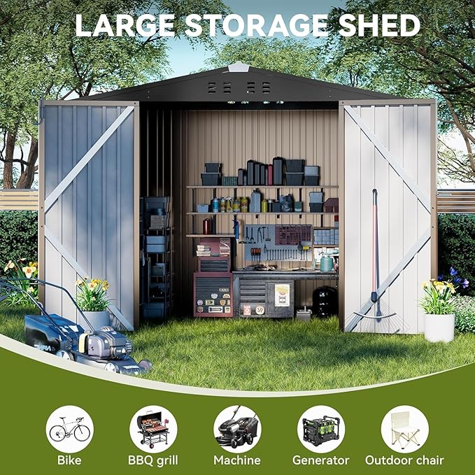 COMHOMA Shed Outdoor Storage Shed Metal,Lockable Doors Tool Sheds with Sloping Roof,Steel Garden Shed with Air Vent for Backyard,Patio,Lawn,Poolside(Brown,8'x6')