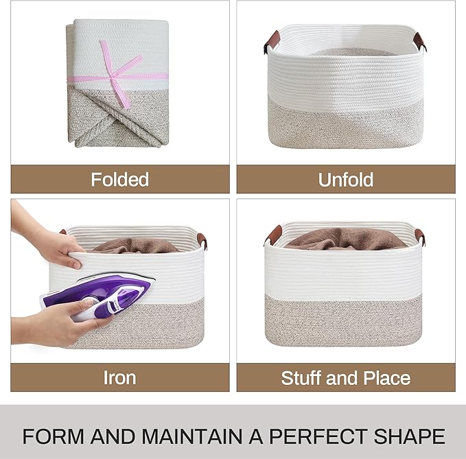 Small Cotton Rope Storage Basket with Leather Handles, 15 "L x 11.5" W x 7.5 "H, Home Decor Basket, Durable & Stylish Organizer for Home.(Small Brown)