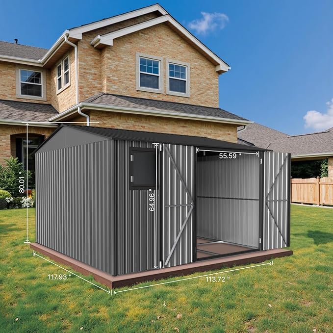 10' x 10' XL Outdoor Storage Shed, Sturdy Metal Building w/Floor and Operable Window for Garden, Backyard, Poolside and Lawn, Grey