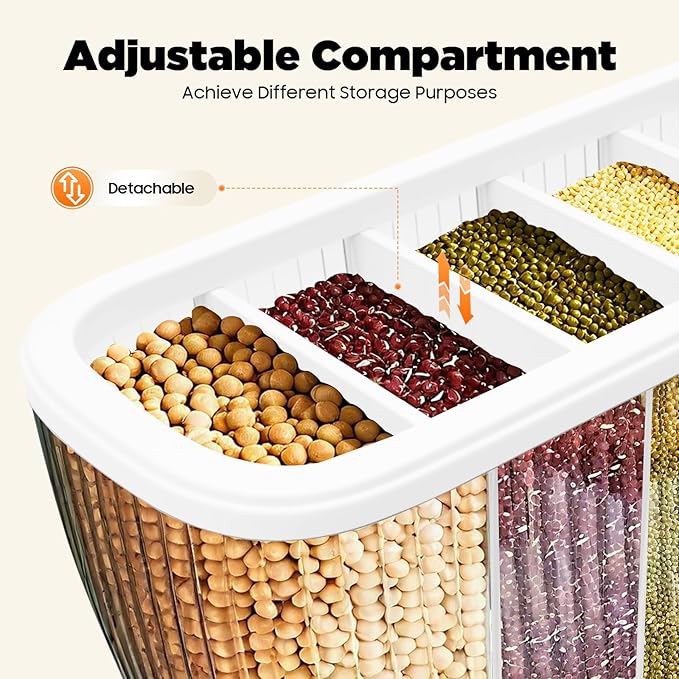 Cereal Dispenser, 6-grid Adjustable Compartment Size Grain Dispenser, 6 in 1 Clear Rice Dispenser w/ Hopper, 10kg/22.05lb Grain Storage Container, Sealed Granular Dry Food Dispenser, 16.54*6.5*14.17in