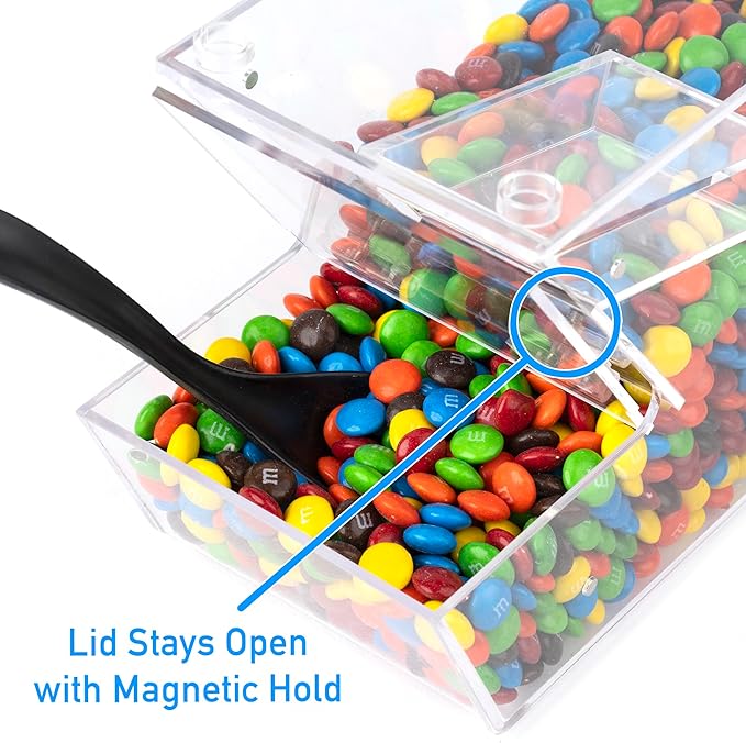 Candy Bin Topping Dispenser - Acrylic Bulk Sprinkle Container w/Scoop, Stackable & Magnetic for Multiple Holders on Shelf - Commercial Setting for Cereal, Nuts, Candies & Snack Food Storage