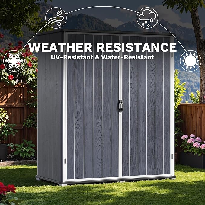 Devoko 5x3 FT Resin Outdoor Storage Shed with Floor, Plastic Outdoor Storage Cabinet, Waterproof Vertical Tool Shed with Lockable Door for Patio, Garden, Backyard, Dark Gray