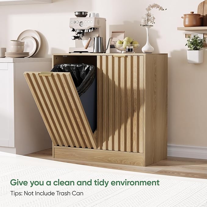Double Tilt Out Laundry Hamper Cabinet, 11.8 Gallon Fluted Hidden Trash Cabinets with 2 Baskets for Bathroom Kitchen & Living Room, Freestanding Bathroom Storage Cabinet（Natural Oak）