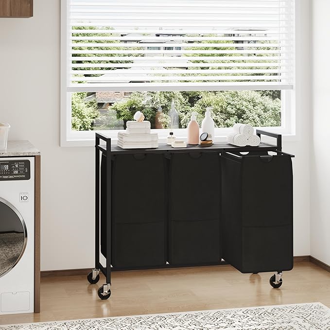 Laundry Sorter with Wheels & 100lb Top Shelf, Rolling 3 Section Removable Pull-Out Fabric Bags Hamper Basket, Sturdy Grey Black Iron Organizer for Room Organization