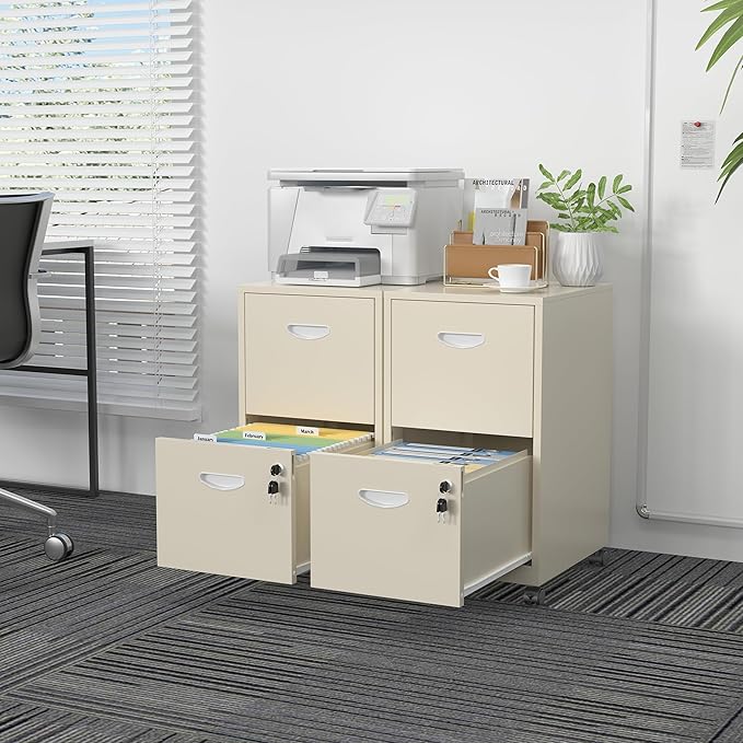 2 Drawer File Cabinet with Lock，Cream Rolling File Cabinet for Home Office, Metal Small Mobile Filing Cabinets on Wheels for Hanging Letter