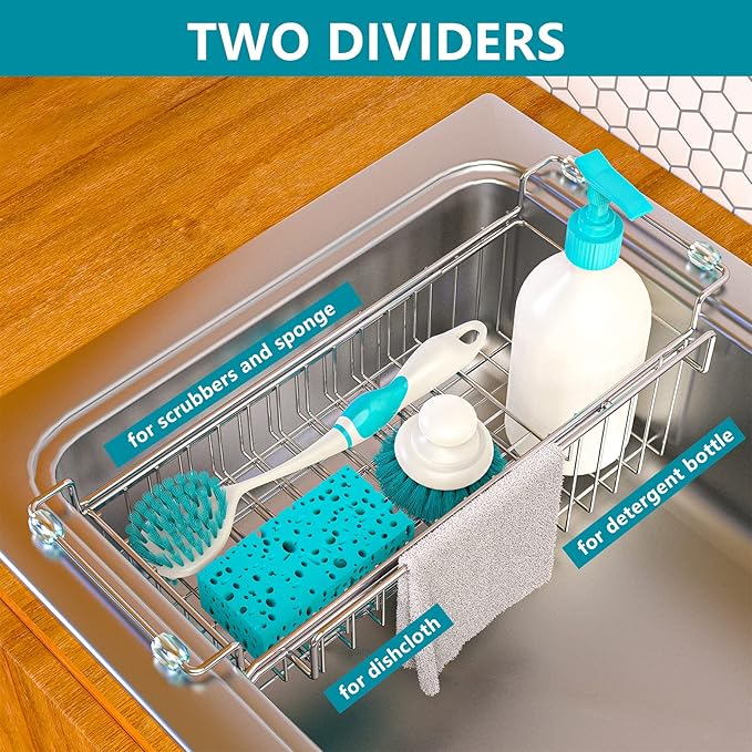 Over The Kitchen Sink Caddy Sponge Holder Organizer Drying Rack Expandable for Sponge Brush Soap Dish Cloth Rag 14.5" to 22", Stainless Steel