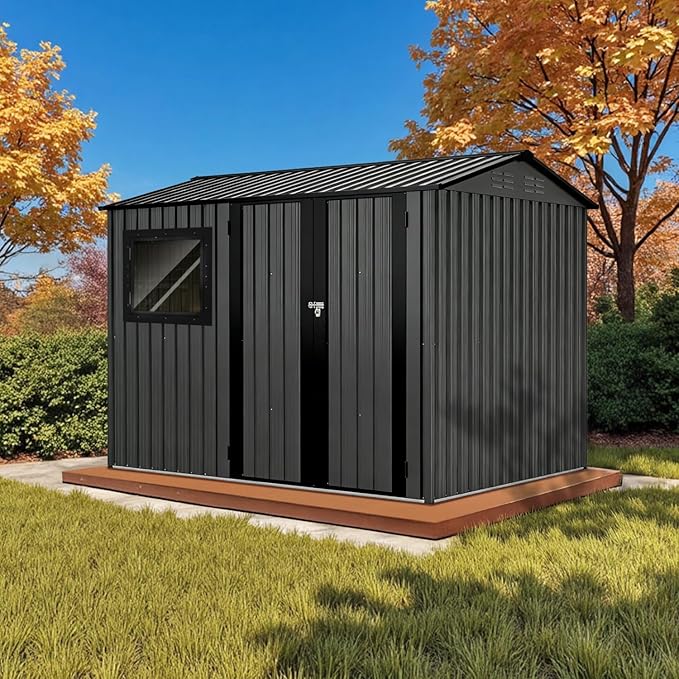 8' x 6' XL Outdoor Storage Shed, Sturdy Metal Building w/Floor and Operable Window for Garden, Backyard, Poolside and Lawn, Black