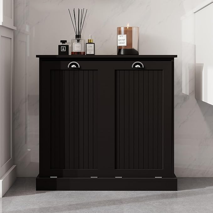 Two-Compartment Tilt-Out Laundry Sorter Cabinet-Black