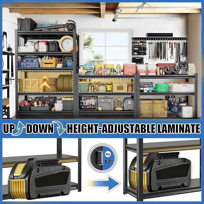 78"H Storage Shelves Heavy Duty Garage Shelving 3000LBS 5 Tier Adjustable Metal Shelving Unit Storage Rack for Basement, Warehouse, Pantry, Closet, Kitchen 39.4" W × 17.7" D × 78" H, Black