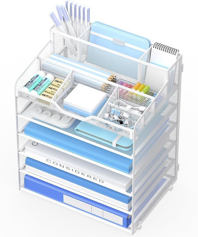 6 Tier Mesh Desk Organizer,Multi Functional Letter Paper Tray with 3 Pen Holders and 5 Adjustable Storage Compartments for Office Supplies Files and Mail Space Saving Desktop Organizer-White