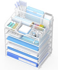 6 Tier Mesh Desk Organizer,Multi Functional Letter Paper Tray with 3 Pen Holders and 5 Adjustable Storage Compartments for Office Supplies Files and Mail Space Saving Desktop Organizer-White