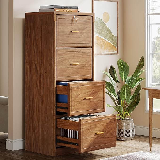 Tribesigns 4-Drawer File Cabinet with Lock, Locked File Cabinet with Key, Tall Wooden Filing Cabinets for Home Office, Vertical Office Storage for Legal Size/Letter/A4/Files, Brown (2 Pieces)