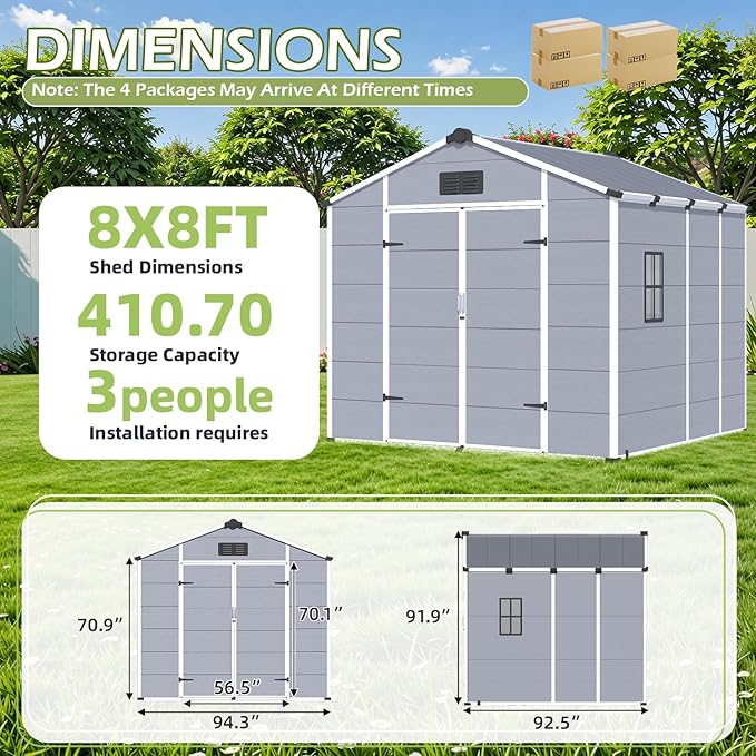8 x 8 FT Plastic Garden Shed, Resin Outdoor Storage Shed with Floor, Lockable Doors & Windows, Plastic Tool Shed for Poolside, Backyard, Patio