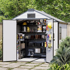 8 x 6 FT Plastic Outdoor Storage Shed, All-Weather Resin Garden Shed with Floor, Lockable Doors & Windows, Plastic Tool Shed for Patio，Poolside, Backyard
