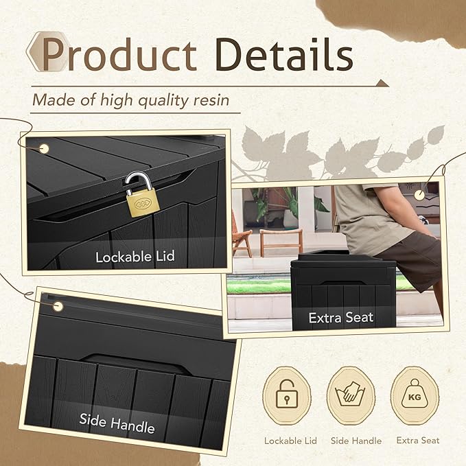 Flamaker Deck Box 31 Gallon Waterproof Resin Small Deck Box with Lid, Indoor Outdoor Package Delivery Box, Organization and Storage for Patio Furniture, Garden Tools, Outdoor Cushions (Black)