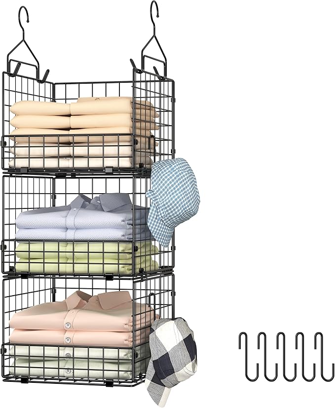 Sonyabecca 3-Tier Hanging Closet Organizer, Foldable Cabinet Wire Storage Basket Bins with 5 S Hooks, Closet Shelves & Hanging Closet Shelf for Clothing, Sweaters, Handbags, Hats