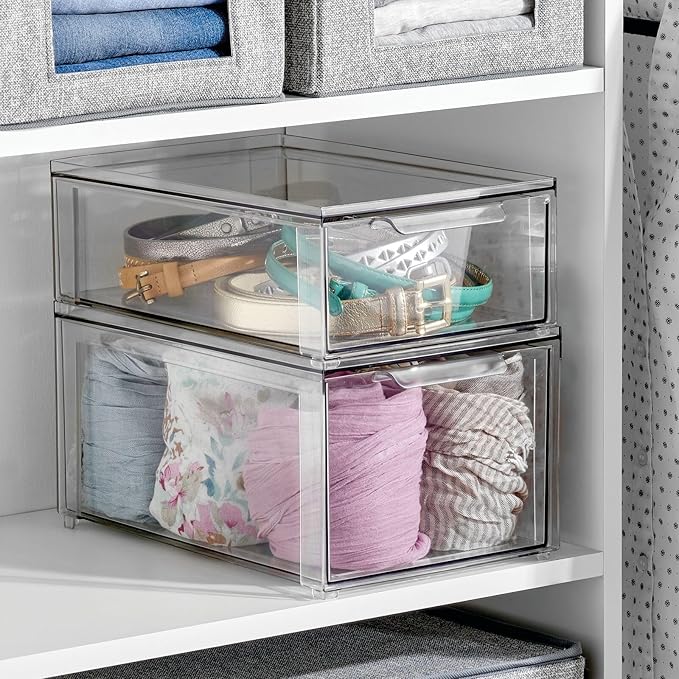mDesign Plastic Closet Organizer Bin w/Pull Out Drawer - Stackable Storage for Closet - Organization for Shoes, Clothes, Bags, Totes, Small Linens, and More - Lumiere Collection - 2 Pack - Clear
