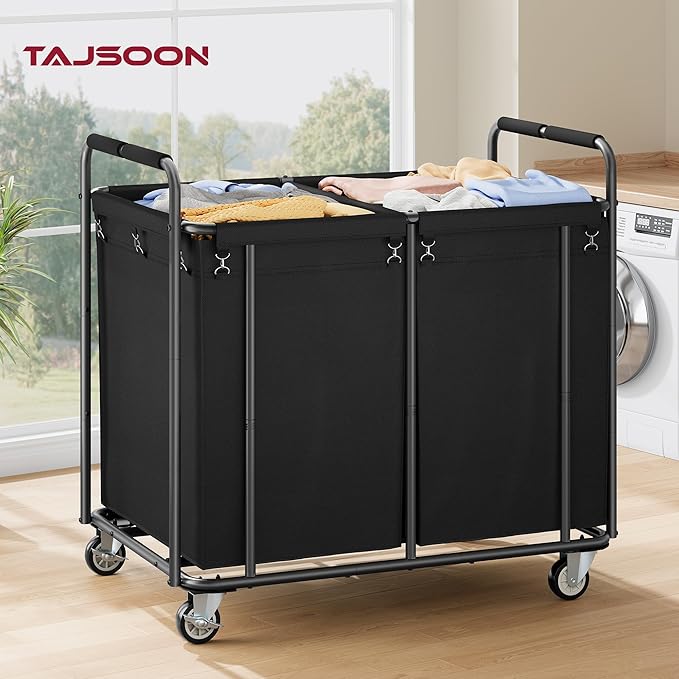 Tajsoon 450L Large Rolling Laundry Hamper with Wheels, 2-Section Commercial Laundry Sorter with Handle, Laundry Basket for Clothes Storage, Laundry Cart for Hotel, Bathroom, Bedroom, Black