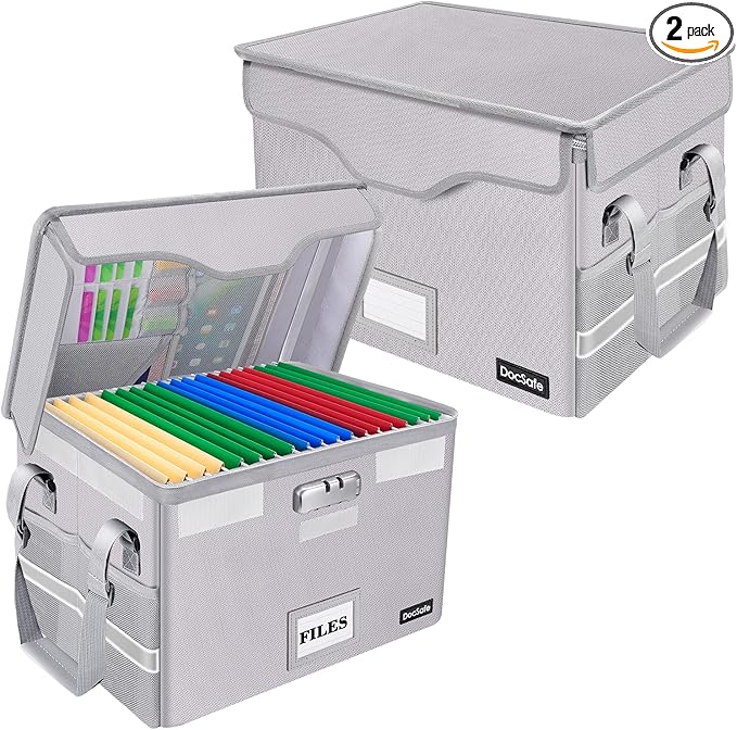 DocSafe Fireproof Document Box with Lock,File Storage Organizer with Pockets,Collapsible Portable File Box Home Office Safe Filing Cabinet with Handle for Hanging Letter/Legal Folders,Silver,2 Pack