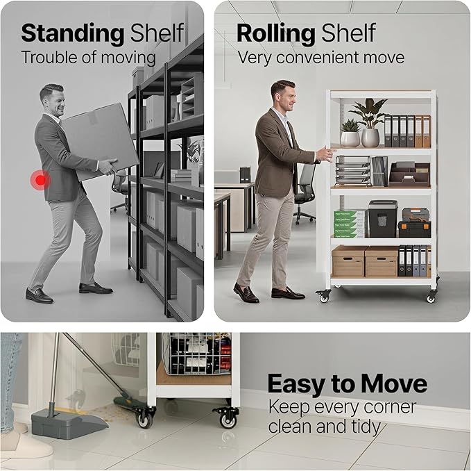 HOMEDANT House 5 Tier Heavy Duty Garage Shelving Adjustable Metal Rack Storage Shelves Standing Shelf Unit Organizers Pantry Closet Office (1, White, (Wheels) 24.4" W x 16.2" D)