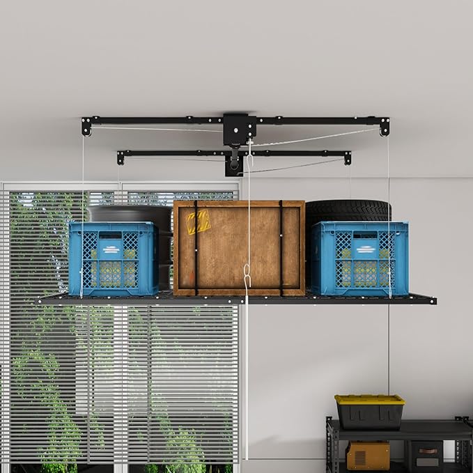 Garage Storage Lift,Overhead Garage Storage Rack,4x8 FT Ceiling Storage Racks for 10-12 FT, 325LBS Capacity All-Steel Construction with Safety Lock (8 * 4)
