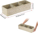 Seagrass Shelf Basket with Dividers, Rectangular Woven Storage Baskets for Organizing, Decorative Wicker Narrow Basket Tray with 3 Sections for Shelves, Toilet Tank, Bathroom Counter