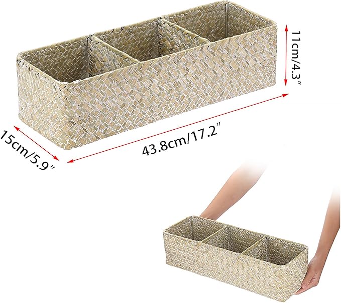 Seagrass Shelf Basket with Dividers, Rectangular Woven Storage Baskets for Organizing, Decorative Wicker Narrow Basket Tray with 3 Sections for Shelves, Toilet Tank, Bathroom Counter