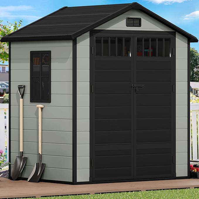 DWVO 6x4.4 FT Resin Storage Shed with Fence-Style and Side Windows, Lockable Door, and Vents Outdoor Storage Shed for Garden, Backyard, Patio, Lawn