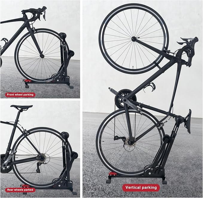 Foldable Vertical & Horizontal Bike Rack - Space-Saving Floor Bike Stand for Garage/Indoor Storage, Tool-Free Assembly Fits 24"-29" Mountain/Road Bikes (66lb Capacity) No Drilling