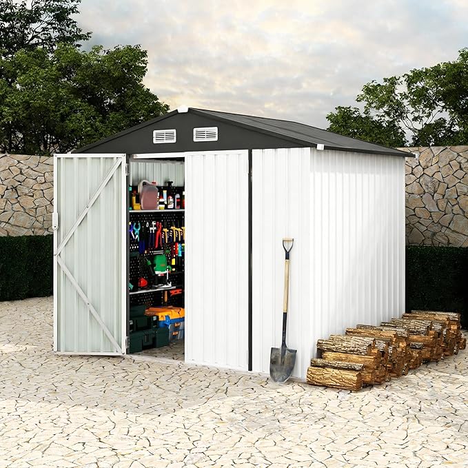 6x8 ft Metal Storage Shed, Outdoor Garden Tool Shed with Lockable Doors & Sloped Roof, Rustproof Galvanized Steel Shed for Backyard, Patio, Lawn White