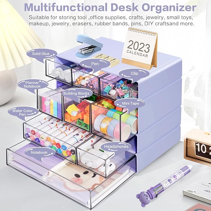 Desk Storage Organizer with 9 Drawers, 4 Tiers Stackable Desktop Craft Storage Drawers, Clear Storage Box Caddy for Stationary Makeup Jewelry Office Craft Supplies (Purple)