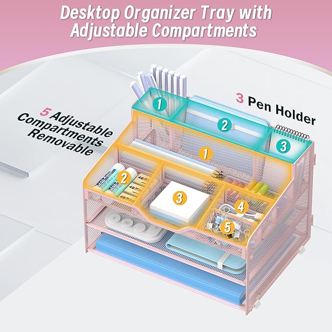 3 Tier Mesh Desk Organizer,Multi Functional Letter Paper Tray with 3 Pen Holders and 5 Adjustable Storage Compartments for Office Supplies Files and Mail Space Saving Desktop Organizer-Pink