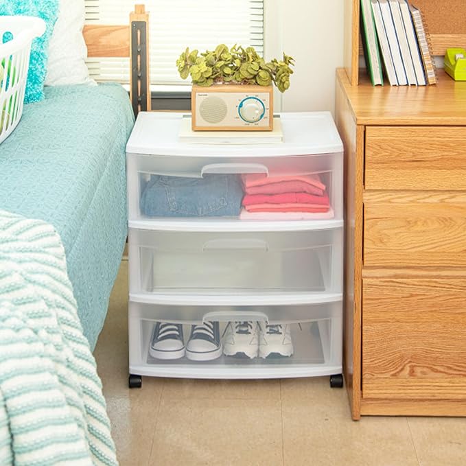 Sterilite Wide 3 Drawer Storage with Wheels, Plastic Rolling Organization Cart, White Frame