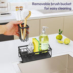 SWTYMIKI Sink Caddy Sponge Holder - Kitchen Sink Organizer with Stainless Steel Self Drain Tray & High Brush Holder for Countertop to Hold Dish Soaps and Sponges, Stainless Steel, Black