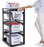 Laundry Basket Holder Shelf (3-Tier) - Stackable Engineered Wood Laundry Tower, Tiered Laundry Hamper Organizer for Bathroom, Bedroom, Laundry Room