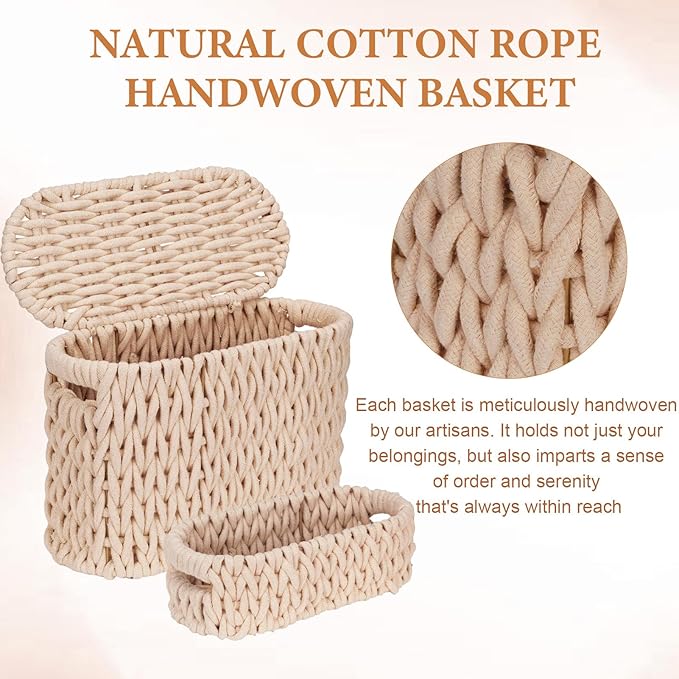 2 Pack Toilet Paper Storage Baskets, Cotton Rope Woven Storage Baskets for Organizing with Handles & Lid, Toilet Paper Baskets Bathroom Coutertop Organizer for 6 Rolls, Bathroom Accessories Organizer