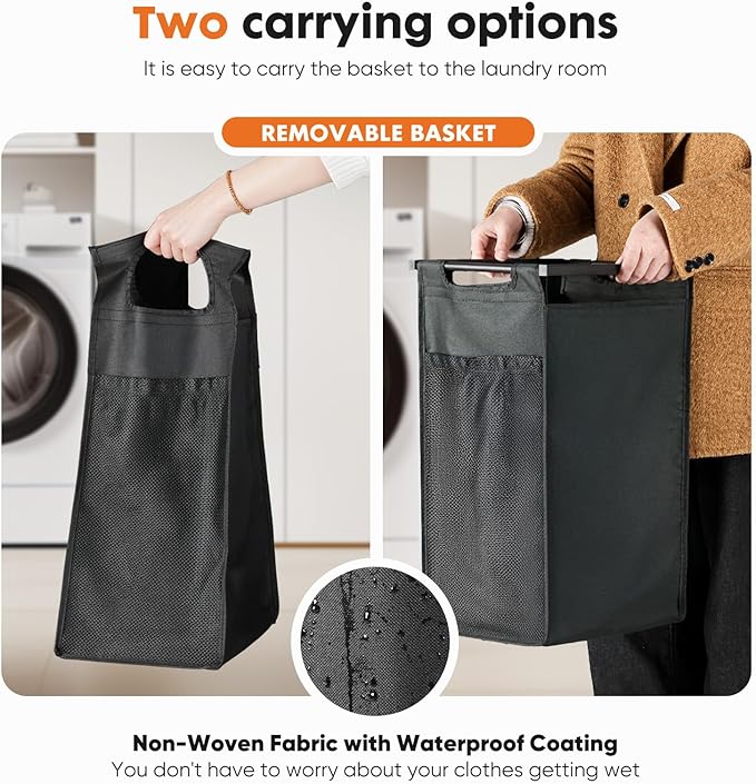 NEWBULIG Laundry Hamper with Removable Pull-Out Bag, Freestanding Clothes Basket Organizer with Wheels for Bathroom & Bedroom, 1 x 18.3 Gallon (69L) - Rustic Brown & Black