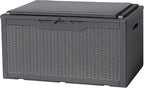 Flamaker Deck Box with Cushion 98 Gallon Waterproof Resin Storage Box with Air Rod Indoor Outdoor Lockable Storage Bench for Patio Furniture, Tools, Pool Accessories (Gray)