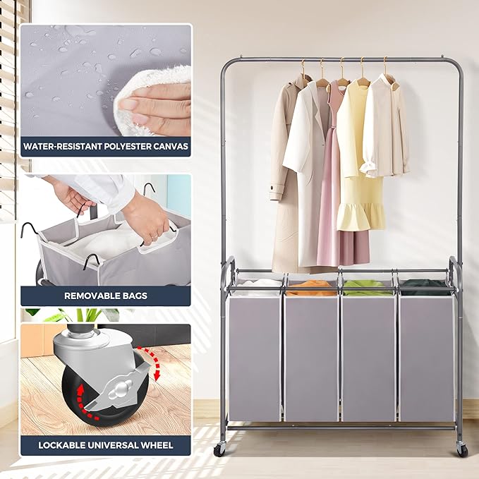 STO STO Laundry Sorter 4 Section with Hanging Bar, 4 Bag Laundry Hamper with Hanging Rod, Laundry Basket with Heavy Duty Lockable Wheels and Removable Bag for Clothes Storage, Gray