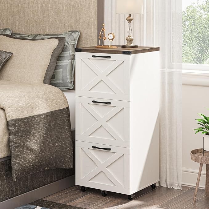 3 Drawer Tall File Cabinet with Wheels, Farmhouse Vertical Filing Cabinet Fits Letter/A4 Size, Rolling File Cabinets Wooden Printer Stand for Home Office, Rustic White