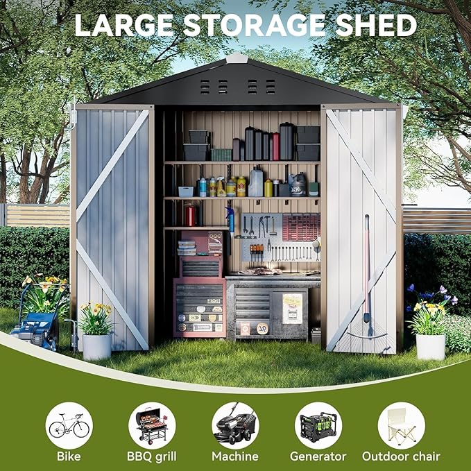 COMHOMA Shed Outdoor Storage Shed Metal,Lockable Doors Tool Sheds with Sloping Roof,Steel Garden Shed with Air Vent for Backyard,Patio,Lawn,Poolside(Brown,6'x4')