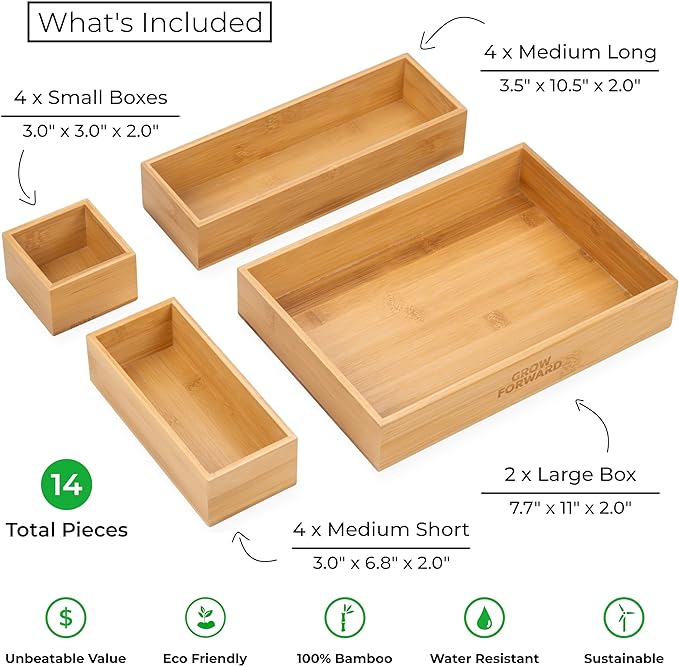 Grow Forward Bamboo Drawer Organizer Boxes - Set of 14 Wooden Drawer Organizers for Kitchen, Bathroom, Office, Desk, Vanity, Makeup - Non-Slip Junk Drawer Organizer Trays for Storage and Organization