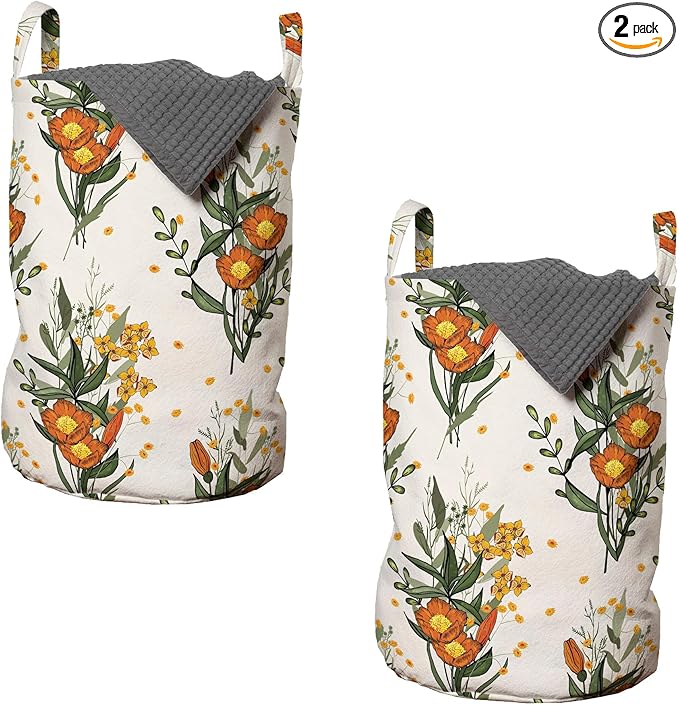 Ambesonne Hawaii Laundry Bag Pack of 2, Vintage Tropic Flower Leaves California Poppy, Hamper Basket with Handles Drawstring Closure, 13" x 19", Orange Champagne