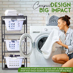 Laundry Basket Holder Shelf (3-Tier) - Stackable Engineered Wood Laundry Tower, Tiered Laundry Hamper Organizer for Bathroom, Bedroom, Laundry Room